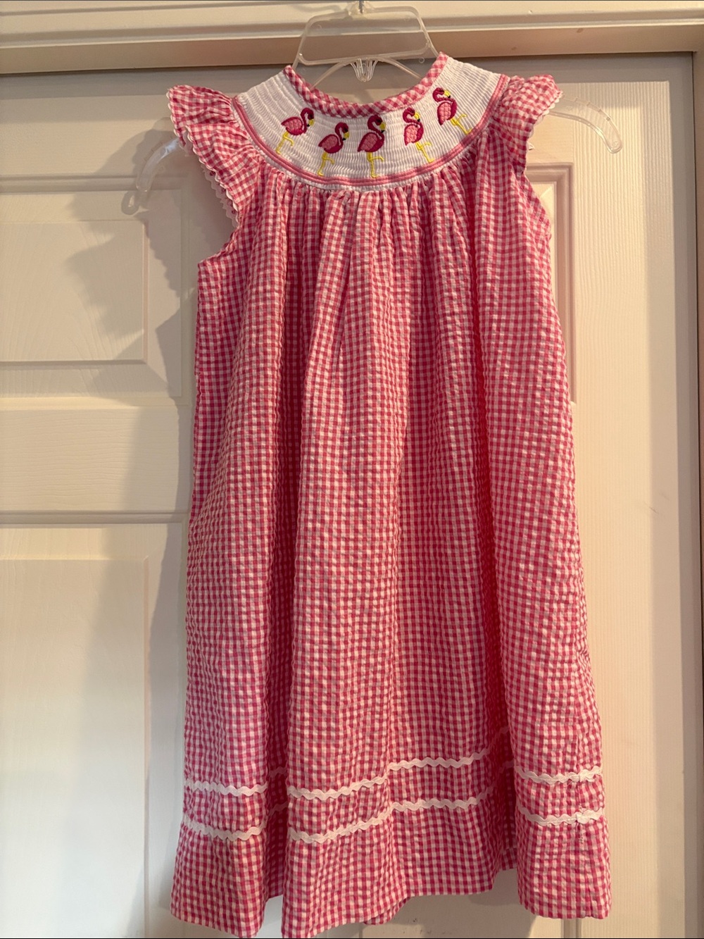 Girls' Pink Gingham Smocked Dress with Flamingo Embroidery